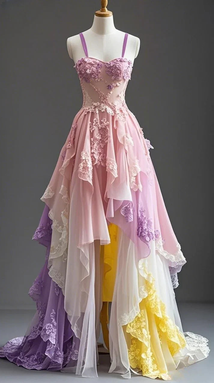 Pretty Blue Appliques A Line Spaghetti Strap Tulle Prom Dress Evening Dress with Slit SH3573