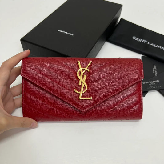 YSL Long Wallet Red Leather Gold Tone 10771 19cm
