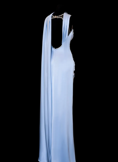 Romantic Sheath Strapless Blue Satin Open Back Long Prom Dress Graduation Prom Dress SH2489