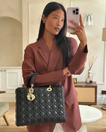 Christian Dior Large Lady Dior Bag in Black Lambskin Leather with Champagne Gold Hardware RRP £5,600