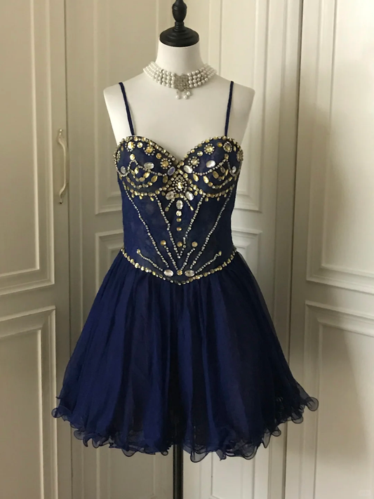 Vintage Navy Blue Lace Beaded A Line Homecoming Dress Birthday Dress  S545
