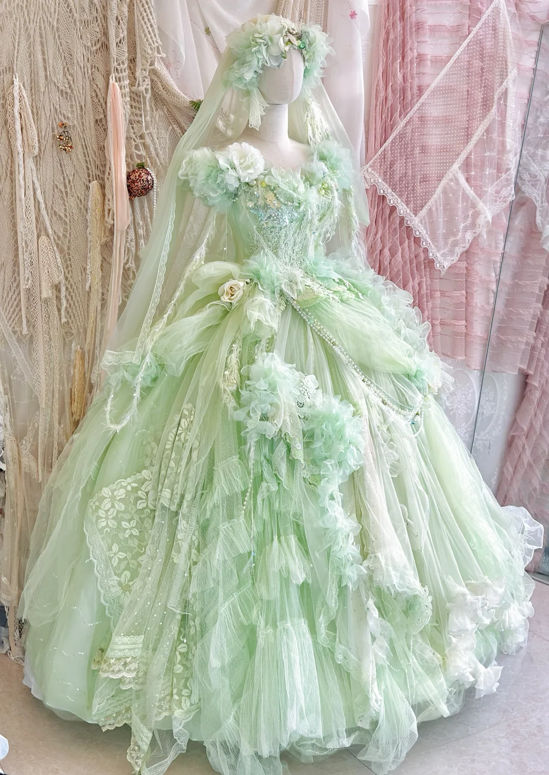Exquisite Light Green Floral A Line Beaded Tulle Prom Dress Party Dress SH3499