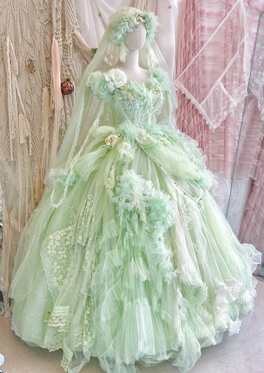 Exquisite Light Green Floral A Line Beaded Tulle Prom Dress Party Dress SH3499