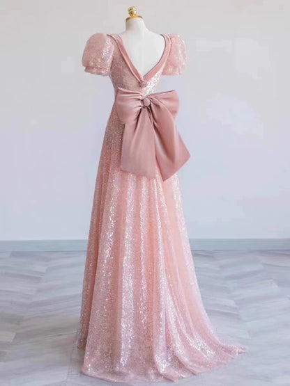 Princess A line Pink Short Sleeves Sequin Long Prom Dresses P1007
