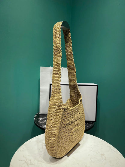 Prada Raffia Round Tote - 30x24x4.5cm