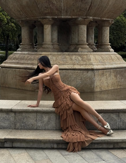 Sexy A Line Sweetheart Neck Tiered Brown Tulle Prom Dress Evening Dress with Slit SH2021