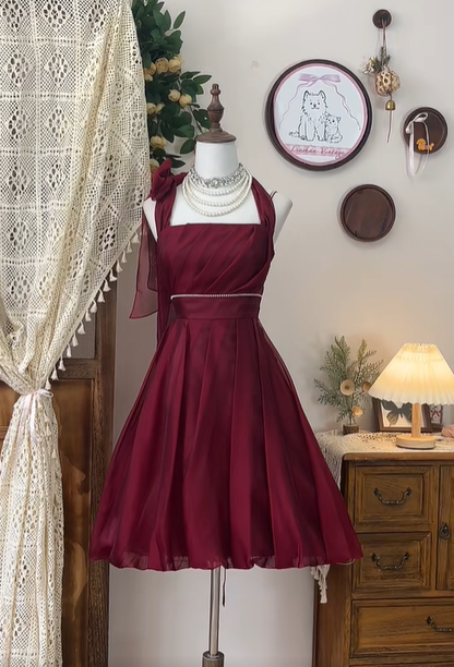 Vintage Burgundy Halter Chiffon A Line Homecoming Dress Cocktail Dress Mini Birthday Outfits S326