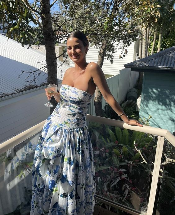 Strapless Print Floral Long Prom Dress Evening Gown  SH964