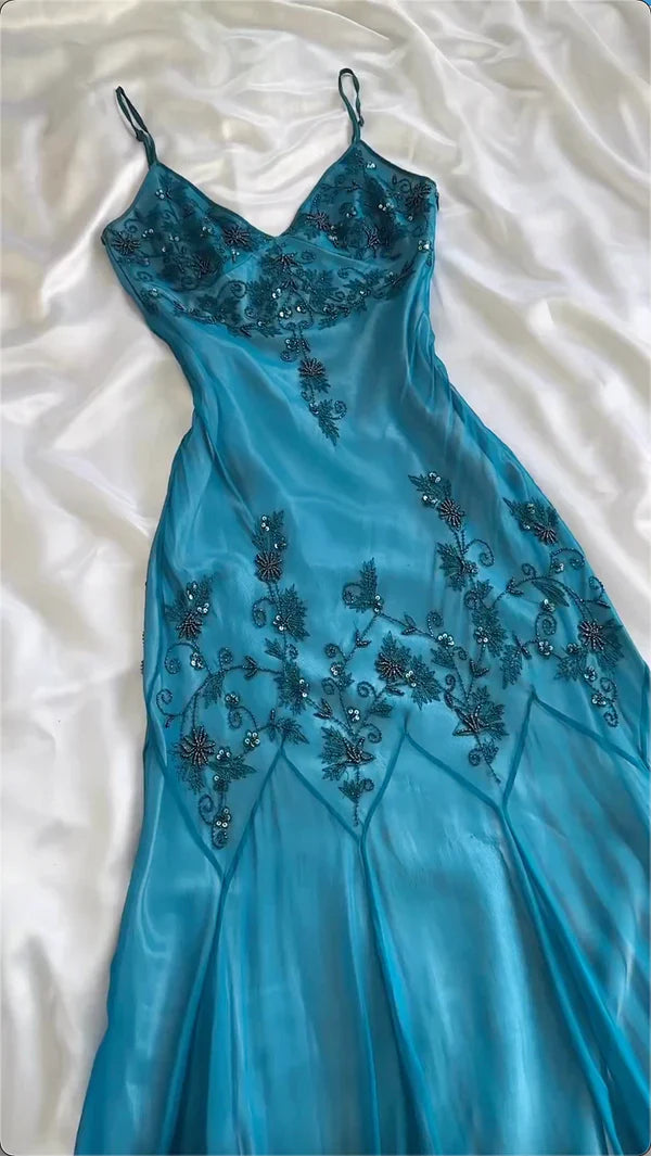 Vintage-Inspired Prom Dresses Under $180🩵Gothic Spaghetti Straps Blue Satin Chiffon Sheath Evening Dress with Beading ED01891