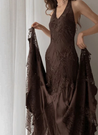 Vintage Mermaid Sleeveless Halter Brown Long Prom Dress SH1378