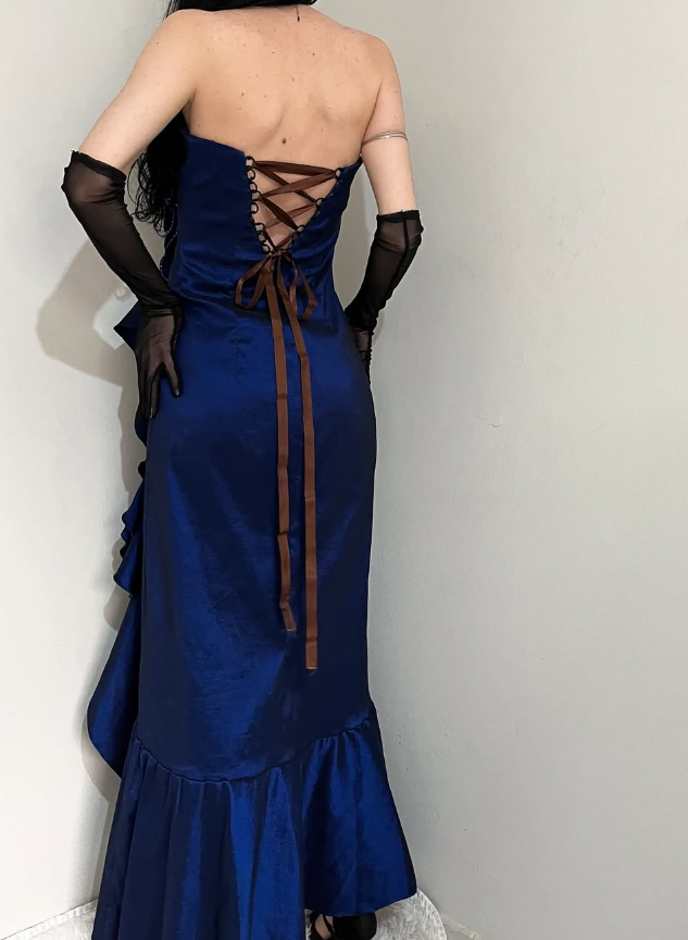 Vintage A Line Sweetheart Neck Ruffle Navy Blue Satin Prom Dress Graduation Prom Dress SH2590