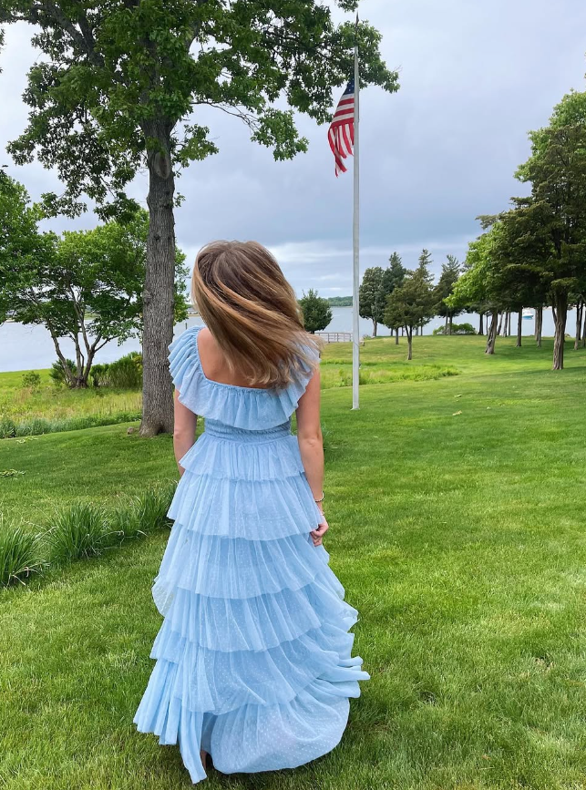 Fairy Sky Blue Sequare Neck Tiered Tulle Evening Dress Long Prom Dress SH1053