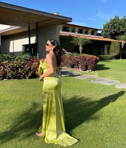 2025 New Mermaid Strapless Bow Green Satin Prom Dress Graduation Prom Dress with Slit SH2471