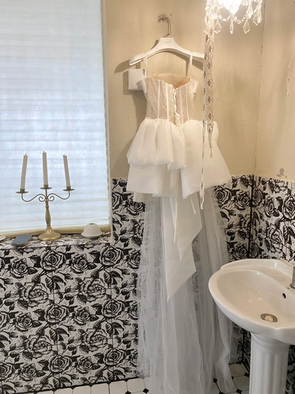 White Bow A Line Strapless Beaded Lace Satin Short Homecoming Dress Birthday Dress SH3859