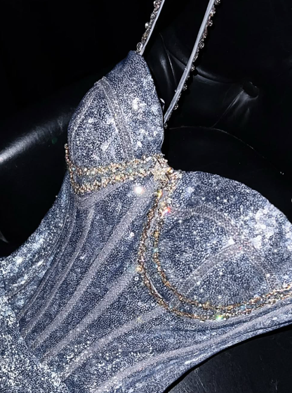 Shiny A Line Spaghetti Strap Rhinestone Silver Sequin Long Prom Dress Graduation Prom Dress SH2488