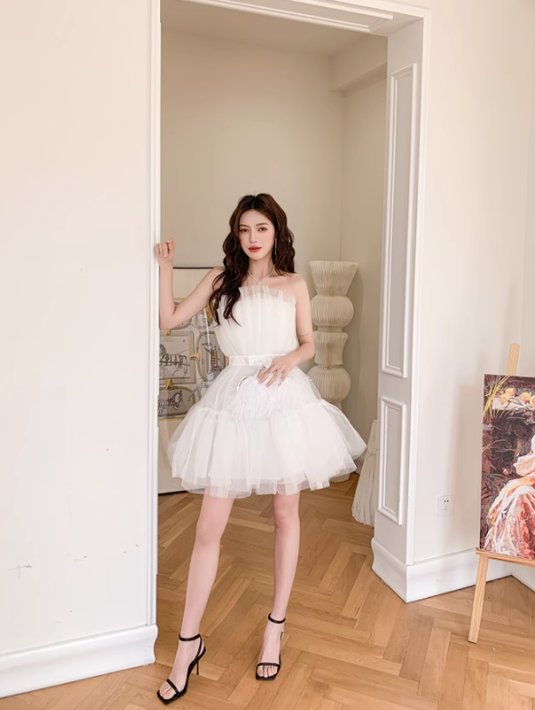 White A Line Strapless Tulle Short Outfit Party Dress Homecoming Dress Birthday Dress SH3530