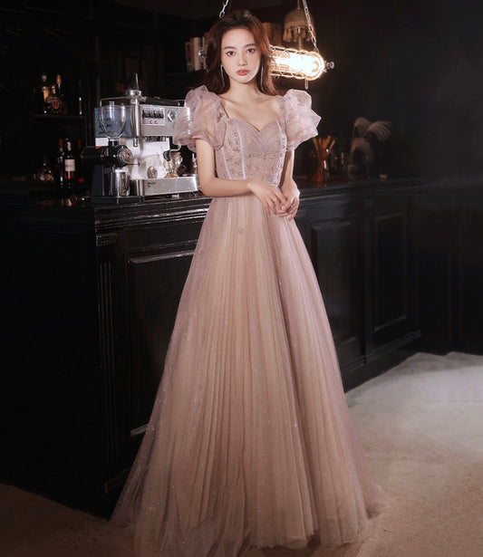 Pink tulle beads long prom dress A line evening dress  10320