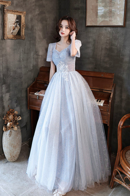 Cute tulle beads long prom dress blue evening dress  10596