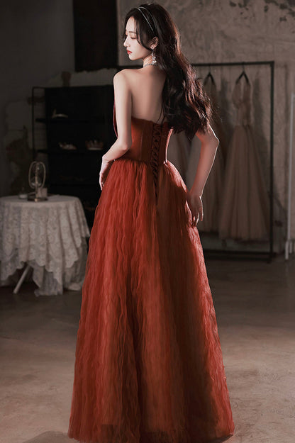 Burgundy satin tulle long prom dress A line evening dress  10649
