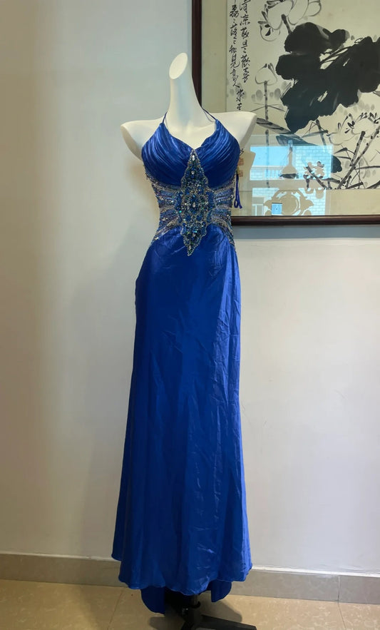 Blue luxury gorgeous fashion rhinestone long satin prom dress evening dress birthday party dress gh4944