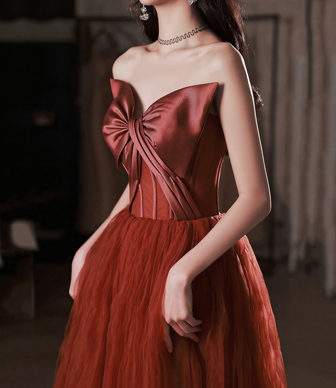 Burgundy satin tulle long prom dress A line evening dress  10649