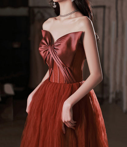 Burgundy satin tulle long prom dress A line evening dress  10649