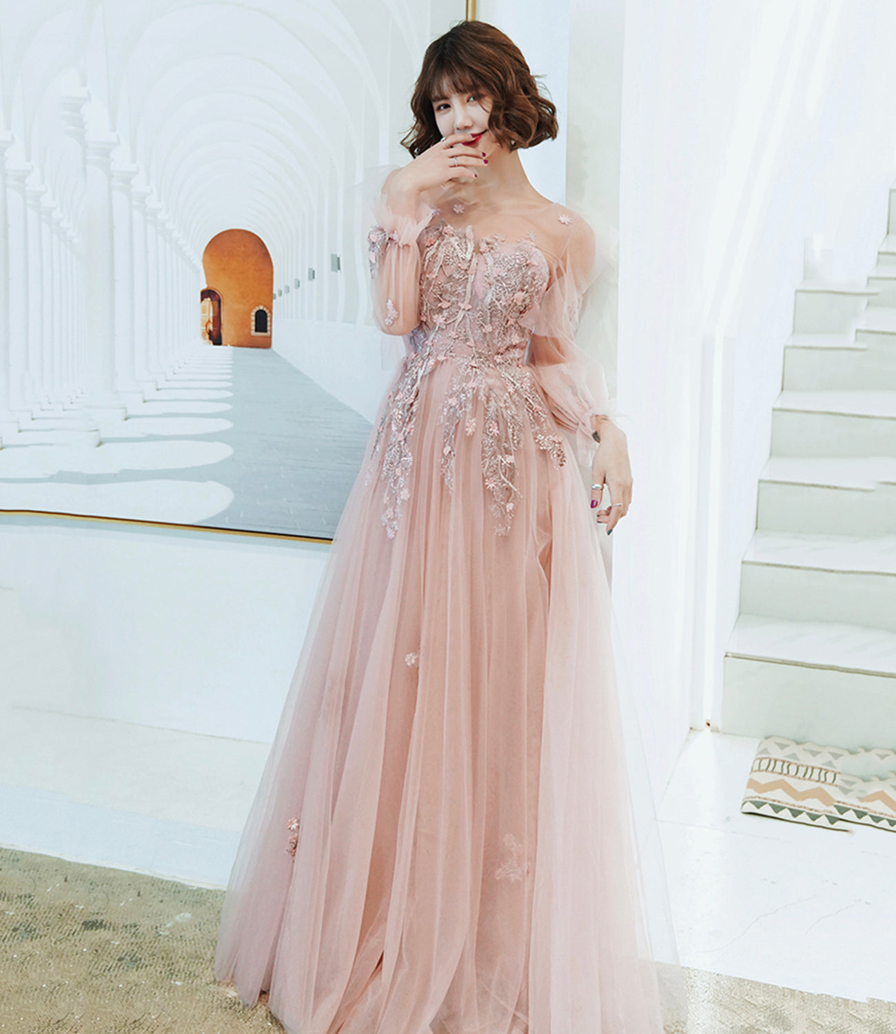 Pink tulle lace long prom dress pink evening dress  10267