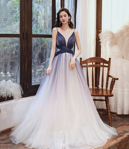 Stylish v neck tulle long A line prom dress blue evening dress  8725
