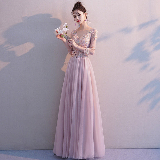 Pink long sleeve lace prom dress evening dress  8374