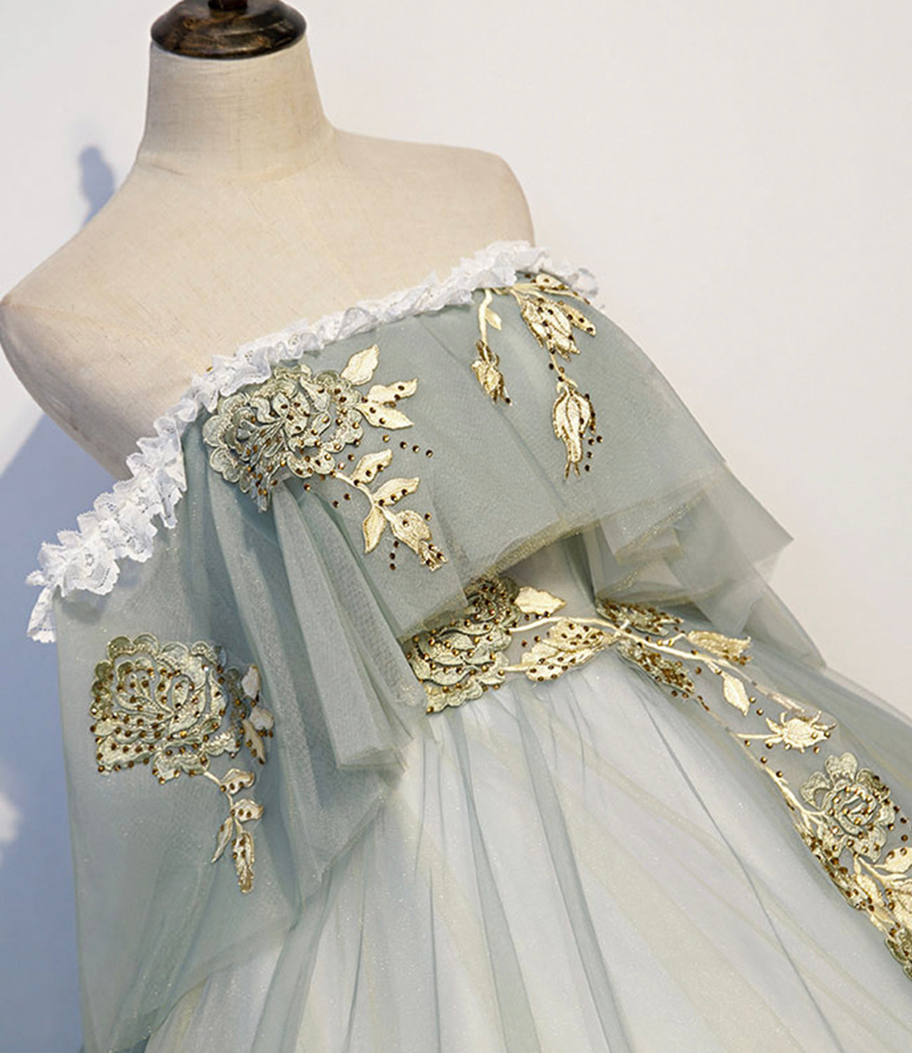 Green tulle lace long prom dress A line evening gown  10343