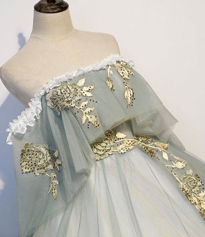 Green tulle lace long prom dress A line evening gown  10343