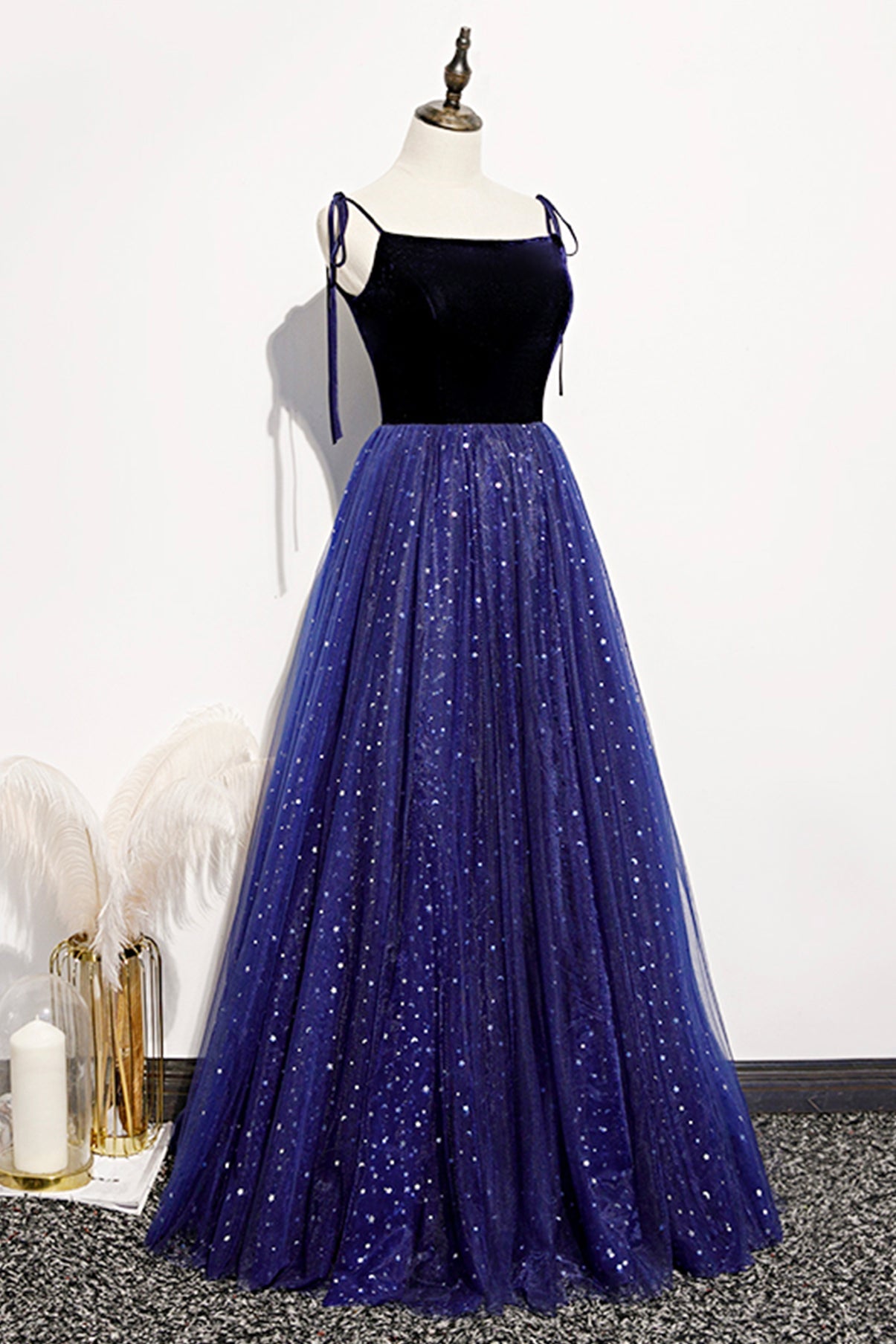 Blue velvet tulle long prom dress A line evening dress  8634