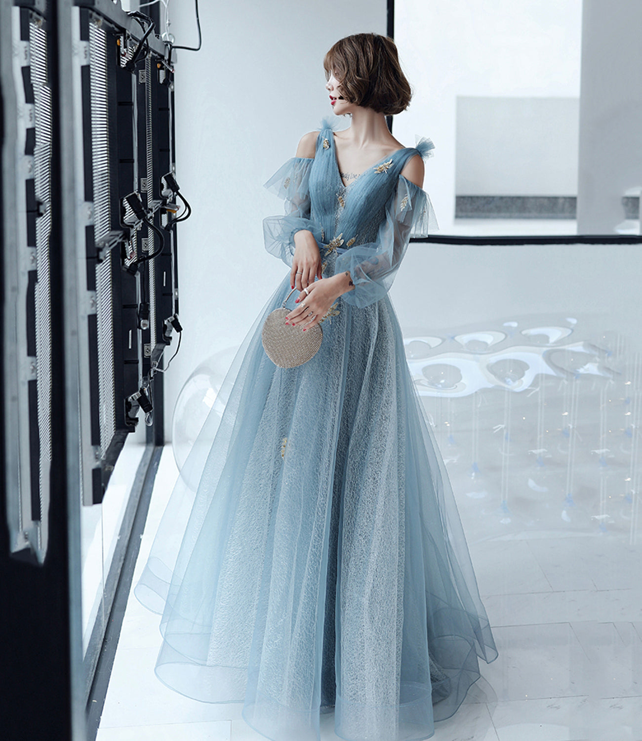 Blue tulle lace long A line prom dress evening dress  8827