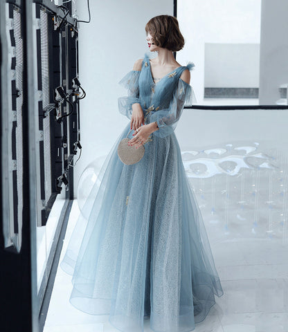 Blue tulle lace long A line prom dress evening dress  8827