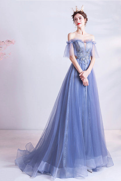 Blue tulle lace long A line prom dress evening dress  8670