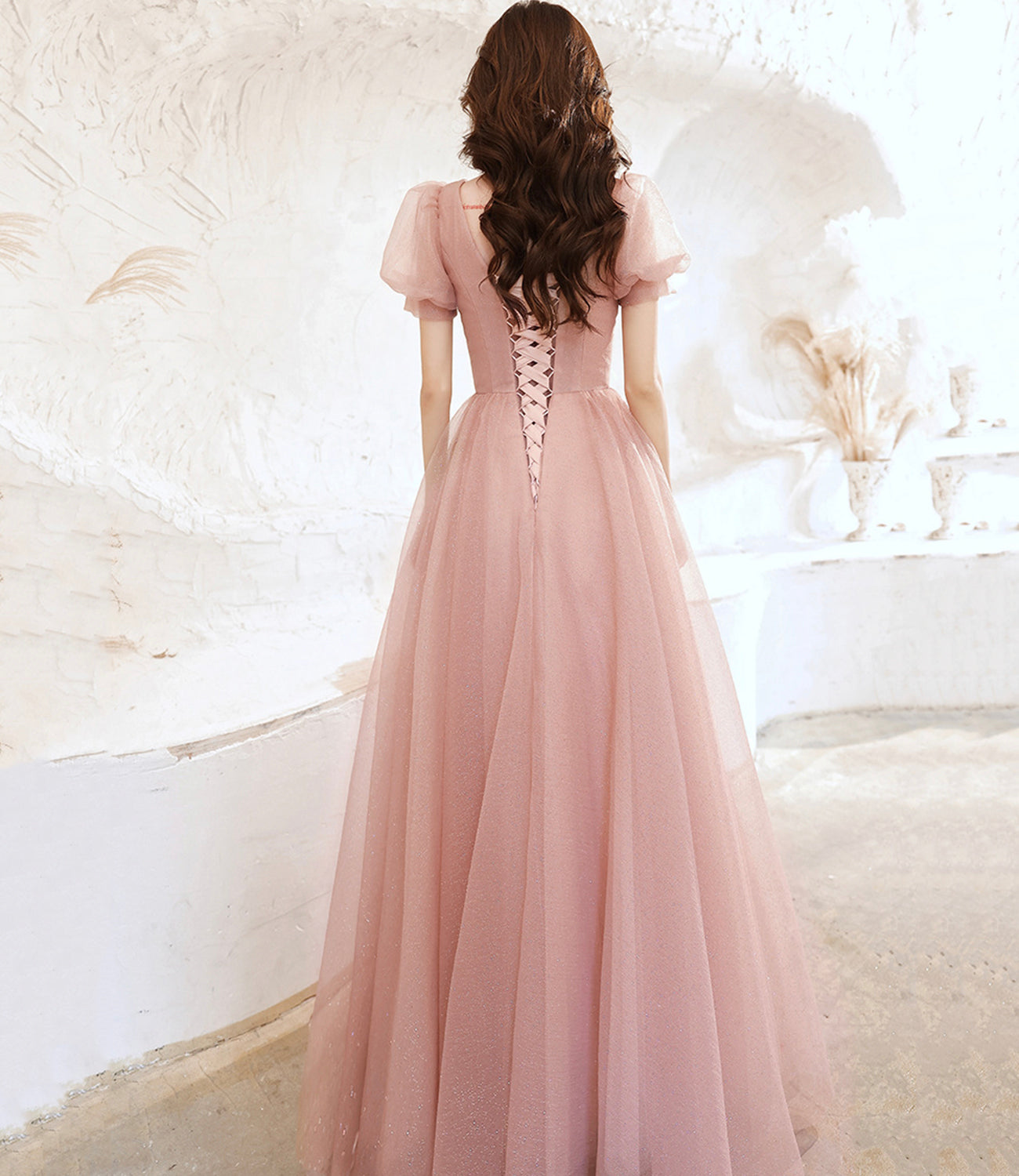 Pink tulle long prom dress pink evening gown  10258