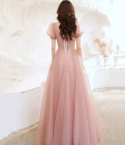 Pink tulle long prom dress pink evening gown  10258