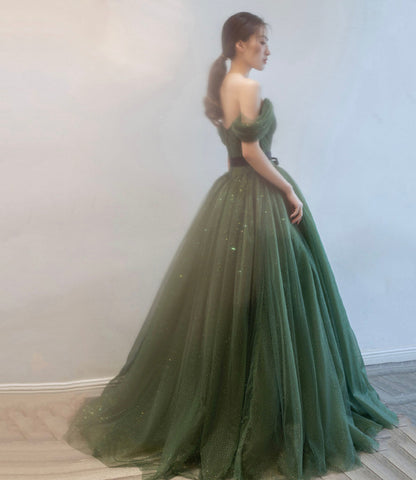 Green tulle long prom dress A line evening dress  10163