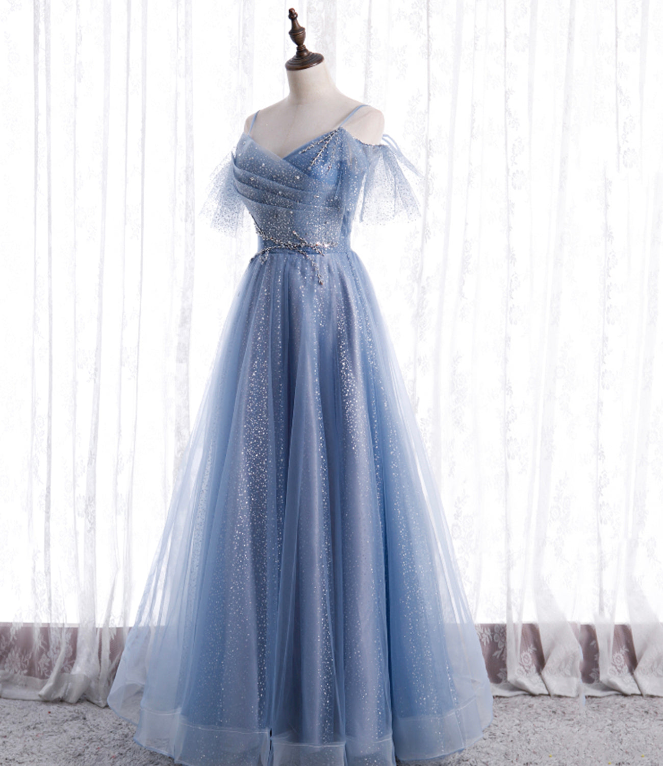 Blue tulle long A line prom dress fashion dress  8763