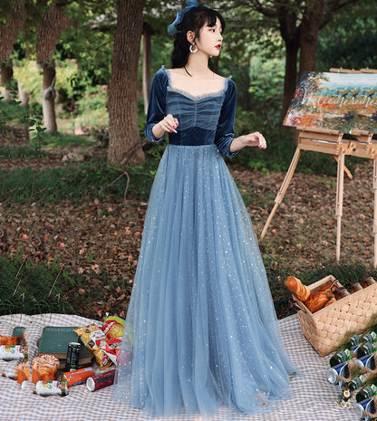 Blue velvet tulle long prom dress blue evening dress  8533