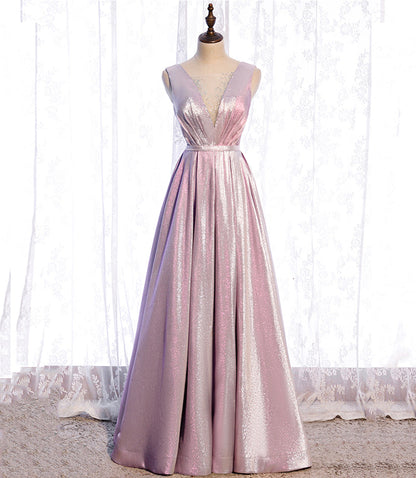 Pink satin long prom dress pink evening dress  8517