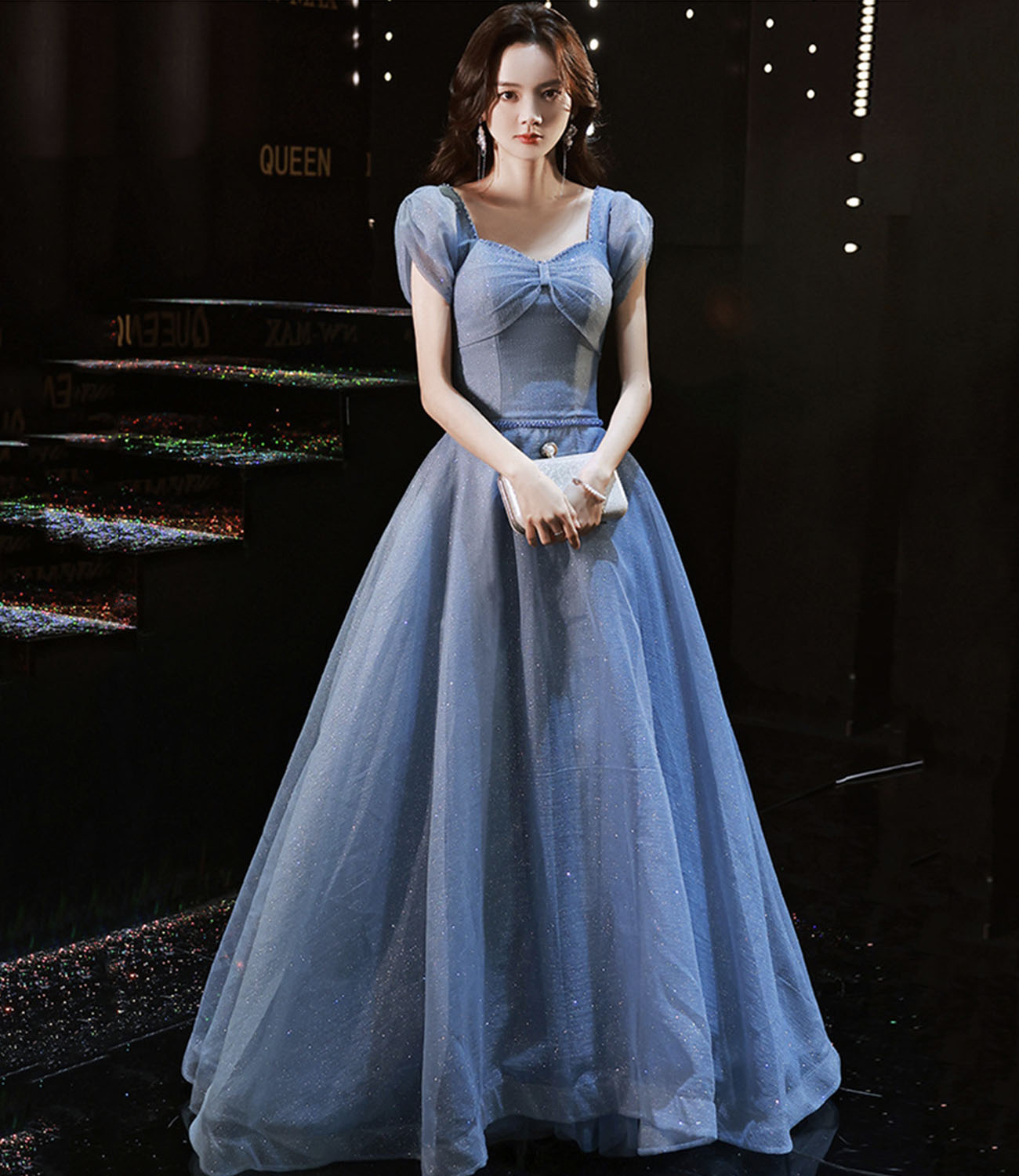 Blue tulle long prom dress blue evening dress  10292