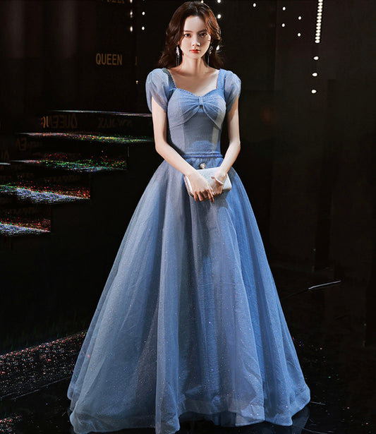 Blue tulle long prom dress blue evening dress  10292