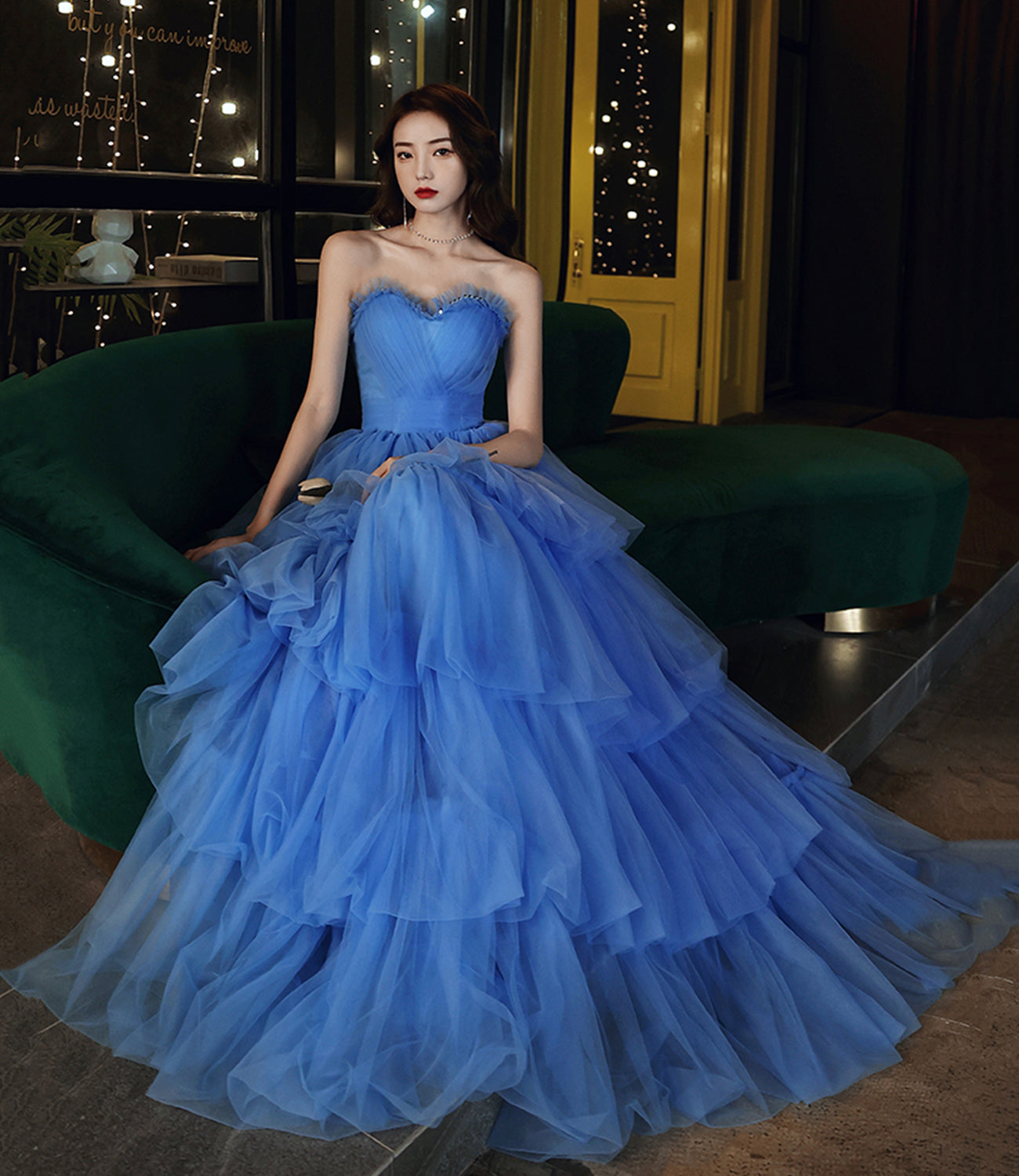 Blue tulle long A line prom dress blue evening gown  10053