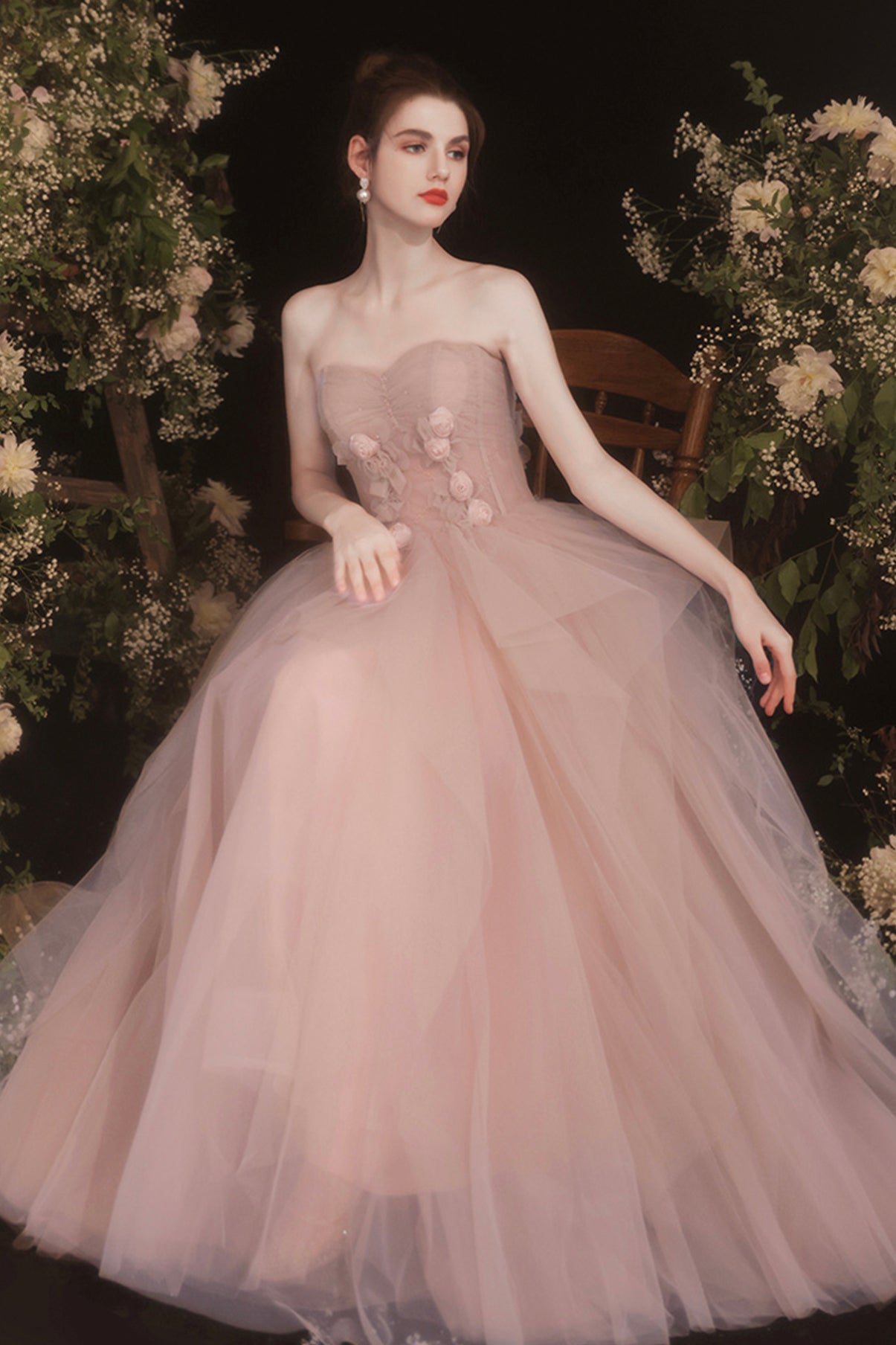 Pink tulle long A line prom dress pink evening dress  8732