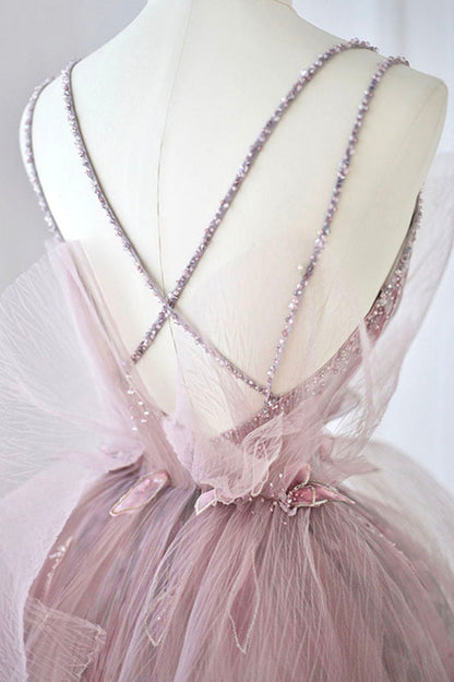 Pink tulle beads long prom dress A line evening dress  10643