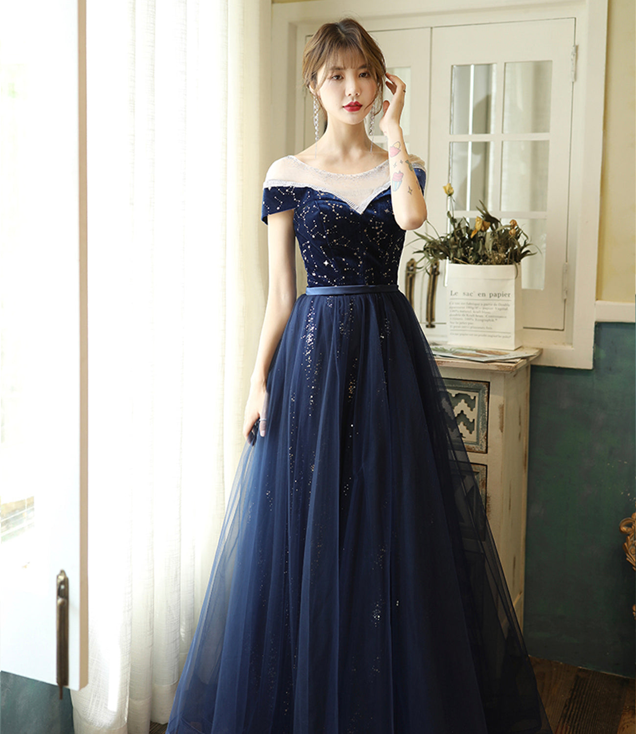 Blue velvet tulle long prom dress evening dress  10384