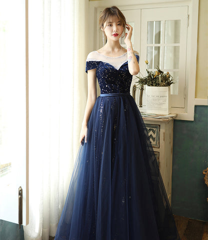 Blue velvet tulle long prom dress evening dress  10384