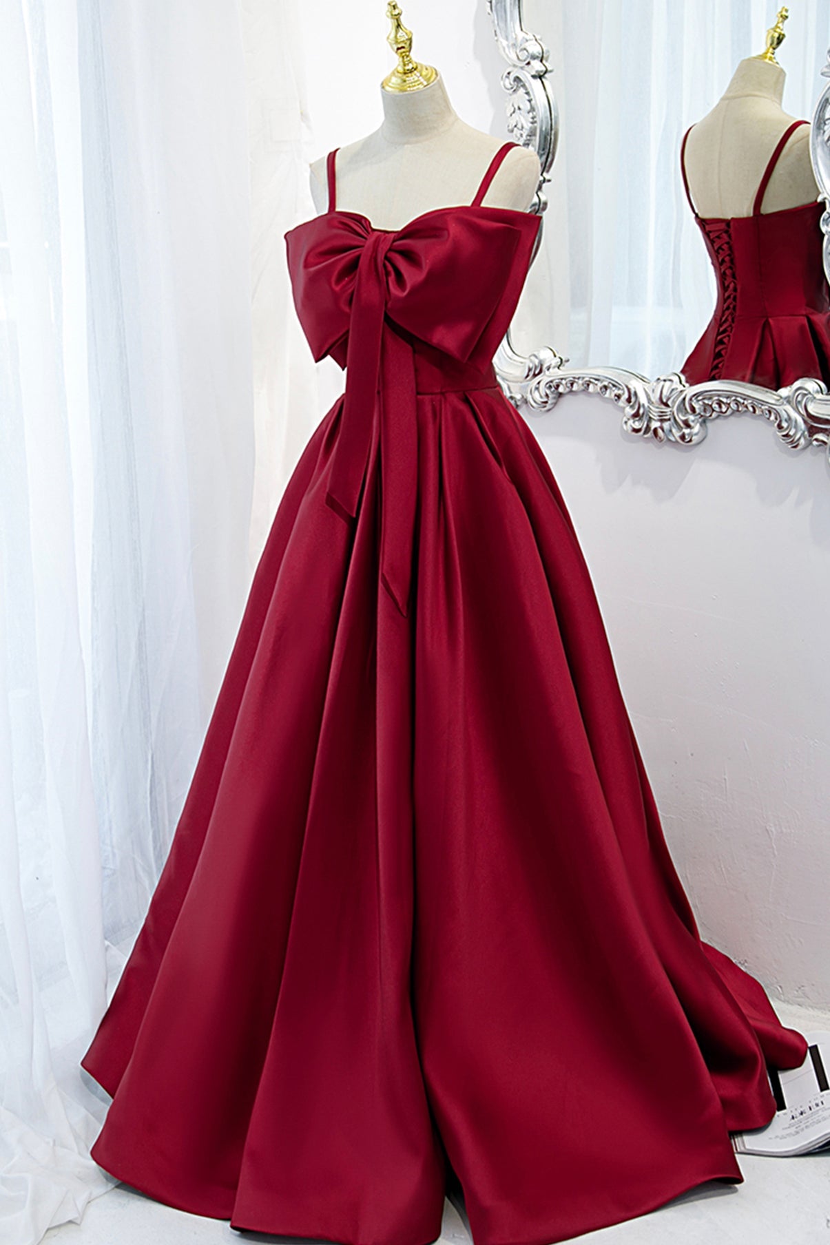 Burgundy satin long A line prom dress evening dress  8825