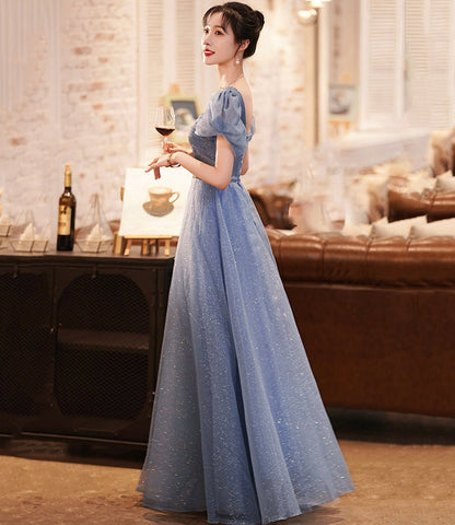 Blue tulle long A line prom dress evening dress  8966